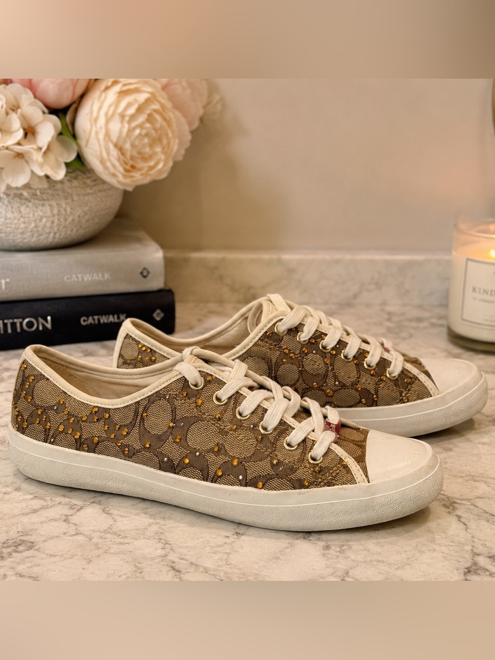 Coach Signature Canvas Custom Gold Rhinestone Sneakers Women’s 8.5